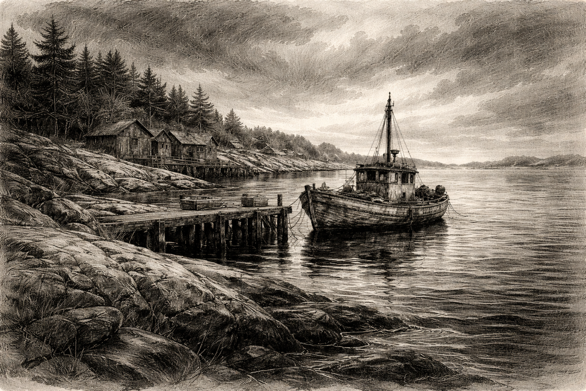 Fiskebåt i rolig landskap. Kullstift digitalt fremstilt.